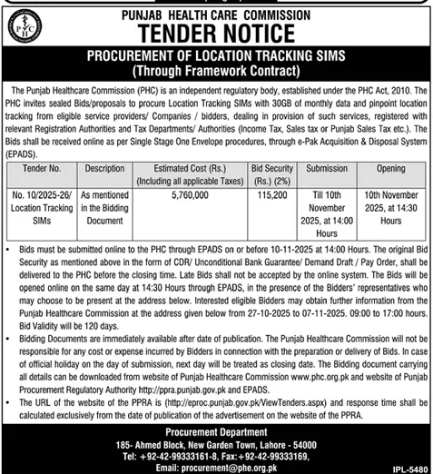 Punjab Health Care Commission Lahore Tender Notice